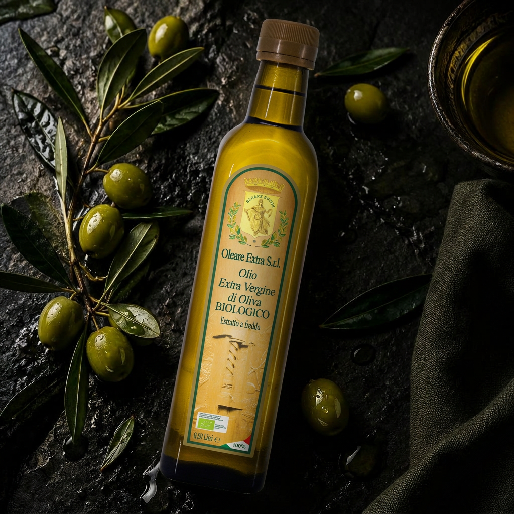 Bottiglia di olio extravergine biologico su ardesia con ramo d'ulivo